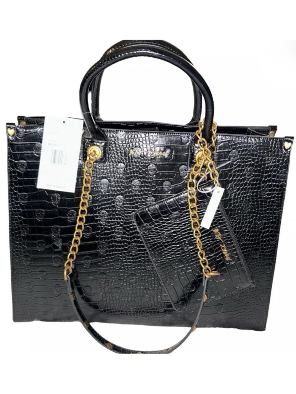 Betsey Johnson Large Skull Embossed Croc XOMATTIE Tote Bag Black NEW
